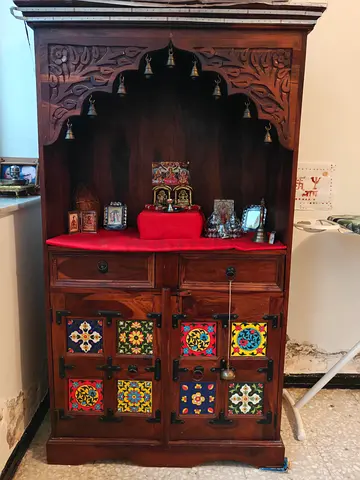 Hand-carved Wooden Indian Pooja/Display Cabinet with Colorful Tile Panels