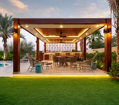 Modern Wooden Pergola with Built-in Lighting and Seating Area