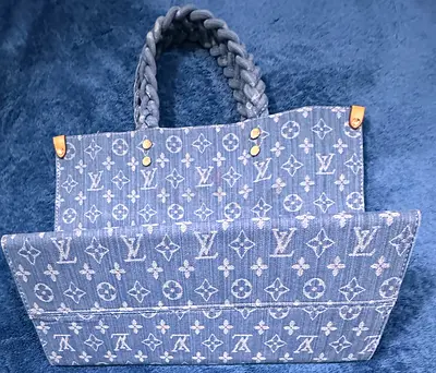 Denim monogram tote bag with braided handles (preowned) DESIGNER INSPIRED