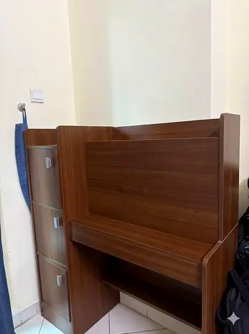 Compact Wooden Study Desk with Overhead Shelf and Side Storage