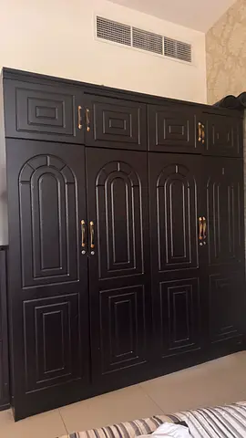 Solid Black Wooden Wardrobe - 4 Doors with Top Storage