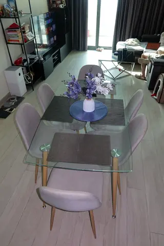 Glass Top Dining Table with 6 Mid-Century Style Chairs - Good Condition