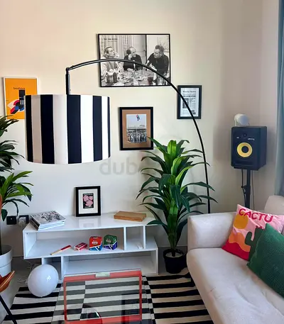 Black & White Striped Arc Floor Lamp with Drum Shade