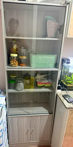 Light wood glass-door storage cabinet with lower cupboard - good condition