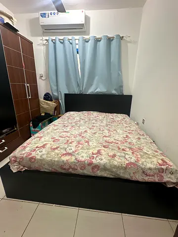 Queen size storage bed frame with mattress and wardrobe in good condition