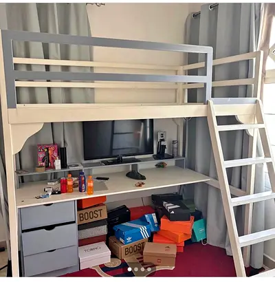 White wooden loft bed with built-in desk and storage - with Matress