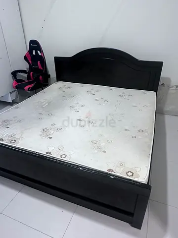 Dark Wood king Bed Frame with Mattress - average Condition