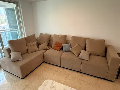 Brown L-shaped 4-seater Fabric Sofa with Cushions