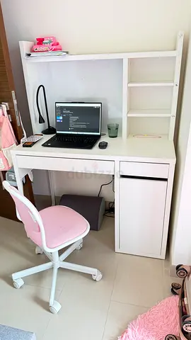 IKEA MICKE Desk with Shelving Unit & Pink Chair
