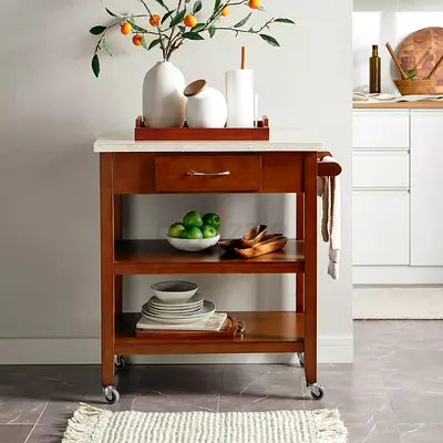Marble Top Kitchen Island / Bar Cart - Solid Wood on Wheels
