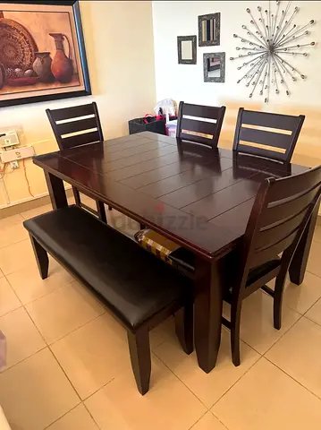 Solid Wood 6-Seater Dining Table Set with Bench - Dark Brown