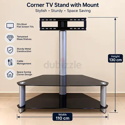 Corner TV Stand with Mount - Glass Shelves, Cable Management (110x130 cm)