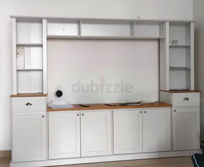 Large White Wooden Entertainment Center with Storage and Shelves