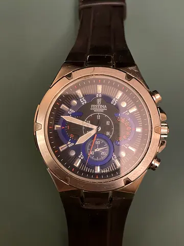 Festina men's chronograph watch with black leather strap