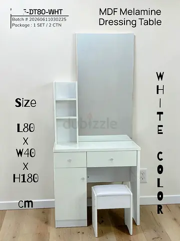 White MDF Melamine Dressing Table with Mirror and Stool - L80 x W40 x H180 cm