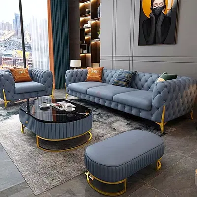 Brand New Luxury Grey Tufted 3-Seater Sofa Set with Gold Accents
