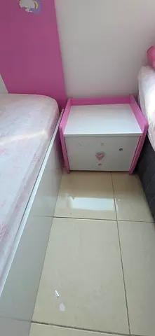 Pan Home Pink and white kids bed, dressing table and bedside drawer table - good condition