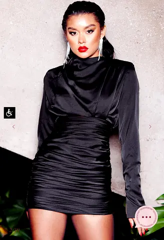 House of cb Black ruched satin long-sleeve mini dress, size xs