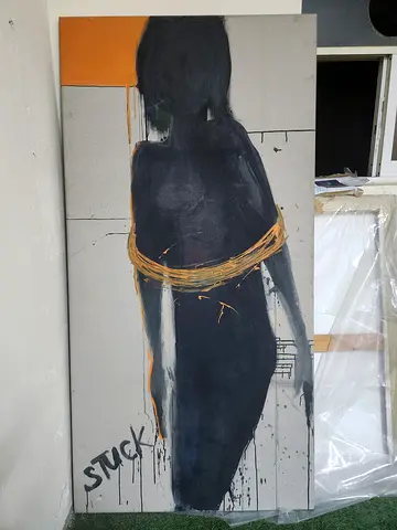 Huge Street Art Canvas Painting – "STUCK" Silhouette (100 x 200 cm)