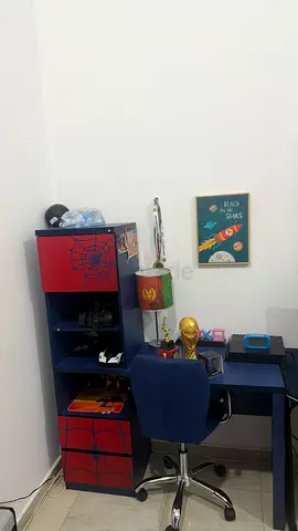 Kids Study Desk with Shelving Unit and Chair - Blue & Red Set