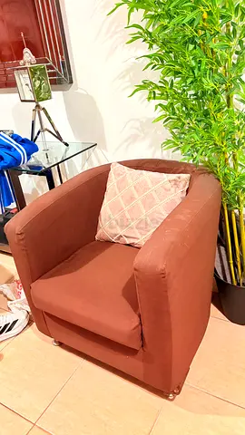 2 Brown Fabric Armchair with Cushion — Good Condition