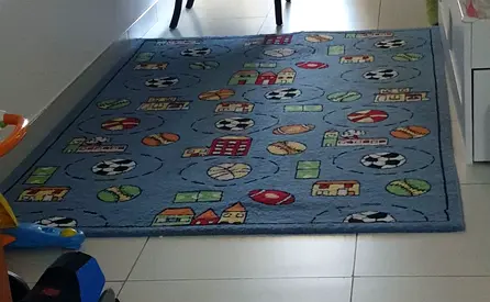 Blue kids play rug with sports and town print - EXCELLENT STAINLESS condition wrapped n Dustfree