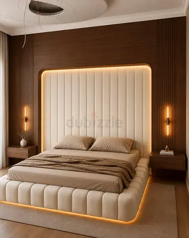 Customised Modern Upholstered Bed Set with Integrated Lighting