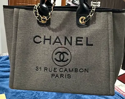Chanel large grey canvas tote bag with chain handles Designer Inspired