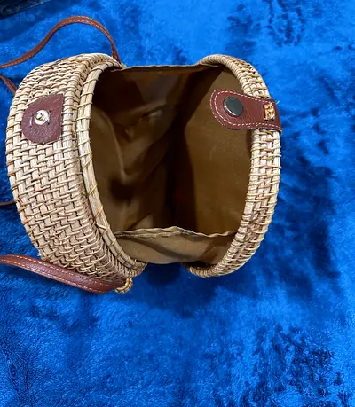 Round Rattan Woven Crossbody Bag with Leather Strap - New
