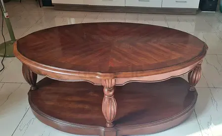 Solid Wood Round Coffee Table with Lower Shelf - Classic Brown