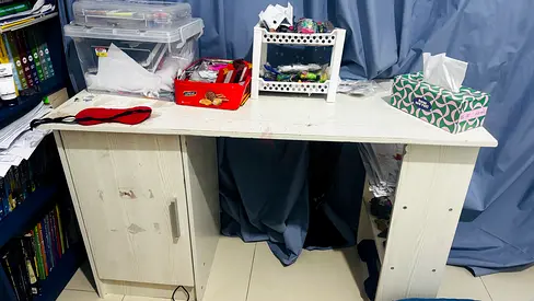 White Wooden Desk with Storage Cabinet - Good Condition