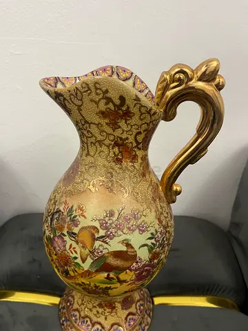 Vintage Decorative Crackle Glazed Porcelain Ewer with Gilded Handle