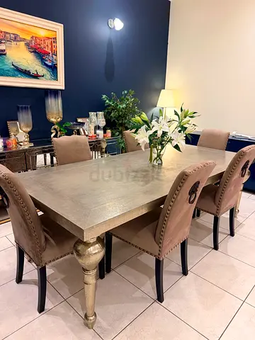 Solid Wood Dining Table with 6 Upholstered Chairs - Good Condition