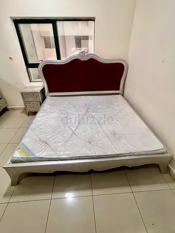Silver Wooden Double Bed with Red Upholstered Headboard and a dresser - Good Condition