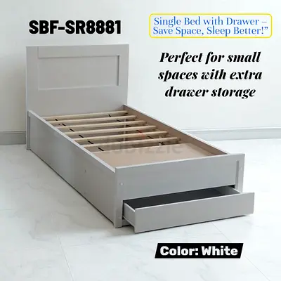 Single White Wooden Bed with Underbed Drawer - Single Size