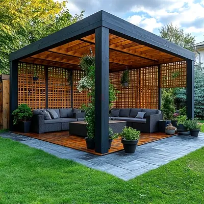 Modern Wooden Pergola with Decking and Lattice Privacy Panels - Outdoor Seating Ready