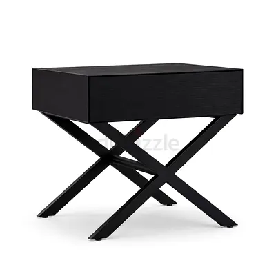 Black modern side table with X-leg base and drawer