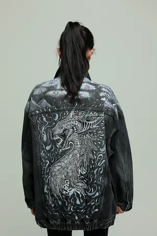 Hand-painted Black Denim Jacket with Dragon Back Artwork - Unisex