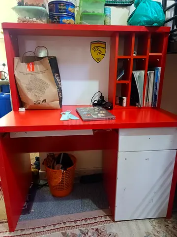 Red wooden study desk with shelves and cabinet - used