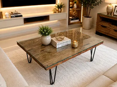 Marina Railway Wood Coffee Table with Metal Hairpin Legs - Rustic Modern