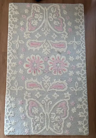 Pottery Barn Light Gray & Pink Floral Butterfly Rug - Low-Pile Accent Runner