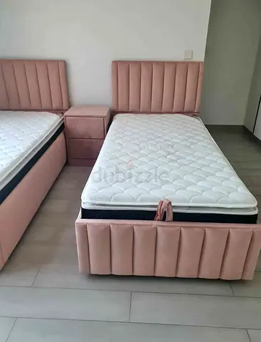 Single Pink Upholstered Bed Frame with Headboard and Mattress (Left or Right) - new