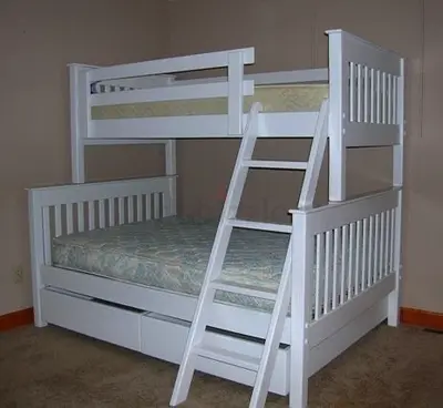 White Wooden Bunk Bed with Ladder and Under-Storage (Double on Bottom)