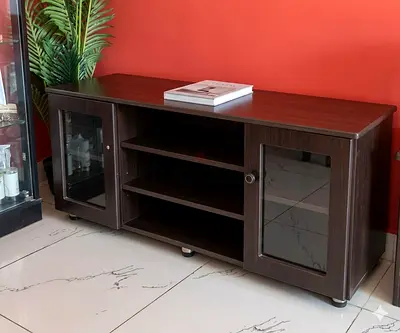 Dark Wood TV Unit with Glass Doors and Open Shelves - Good Condition
