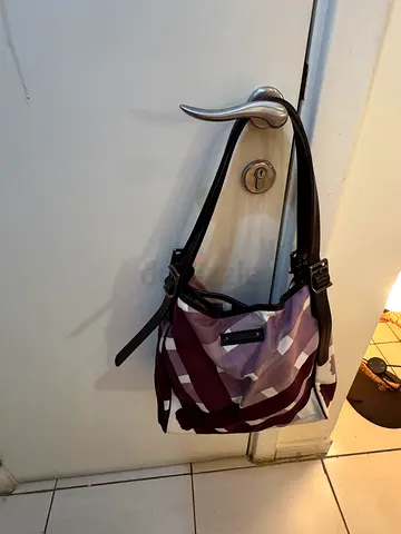 Burberry Maroon and Beige Striped Shoulder Bag with Adjustable Strap