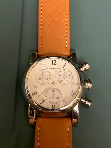 Men's Chronograph Leather Strap Watch - Silver Case, Beige Dial