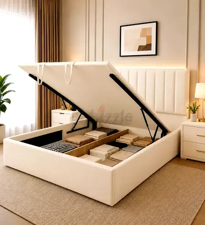 Queen Storage Ottoman Bed with Lift-Up Hydraulic Base - Cream Upholstery