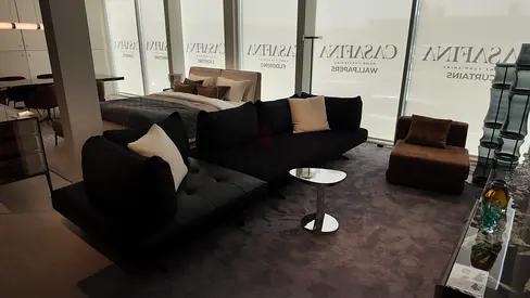 Modern L-shaped Black Fabric Sofa with Ottoman and Side Table