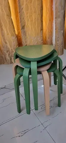Set of 5 Nesting Wooden Stools - Light Wood & Green