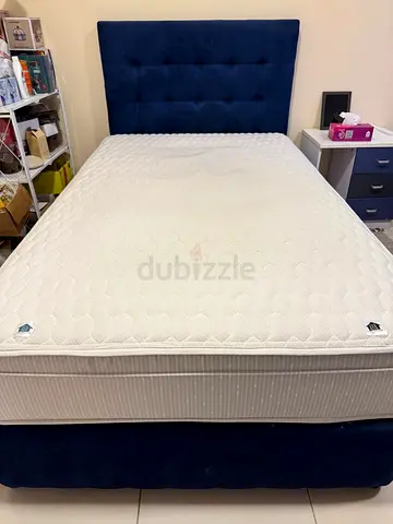Single Bed Frame with Headboard and Mattress - Navy Blue, Good Condition